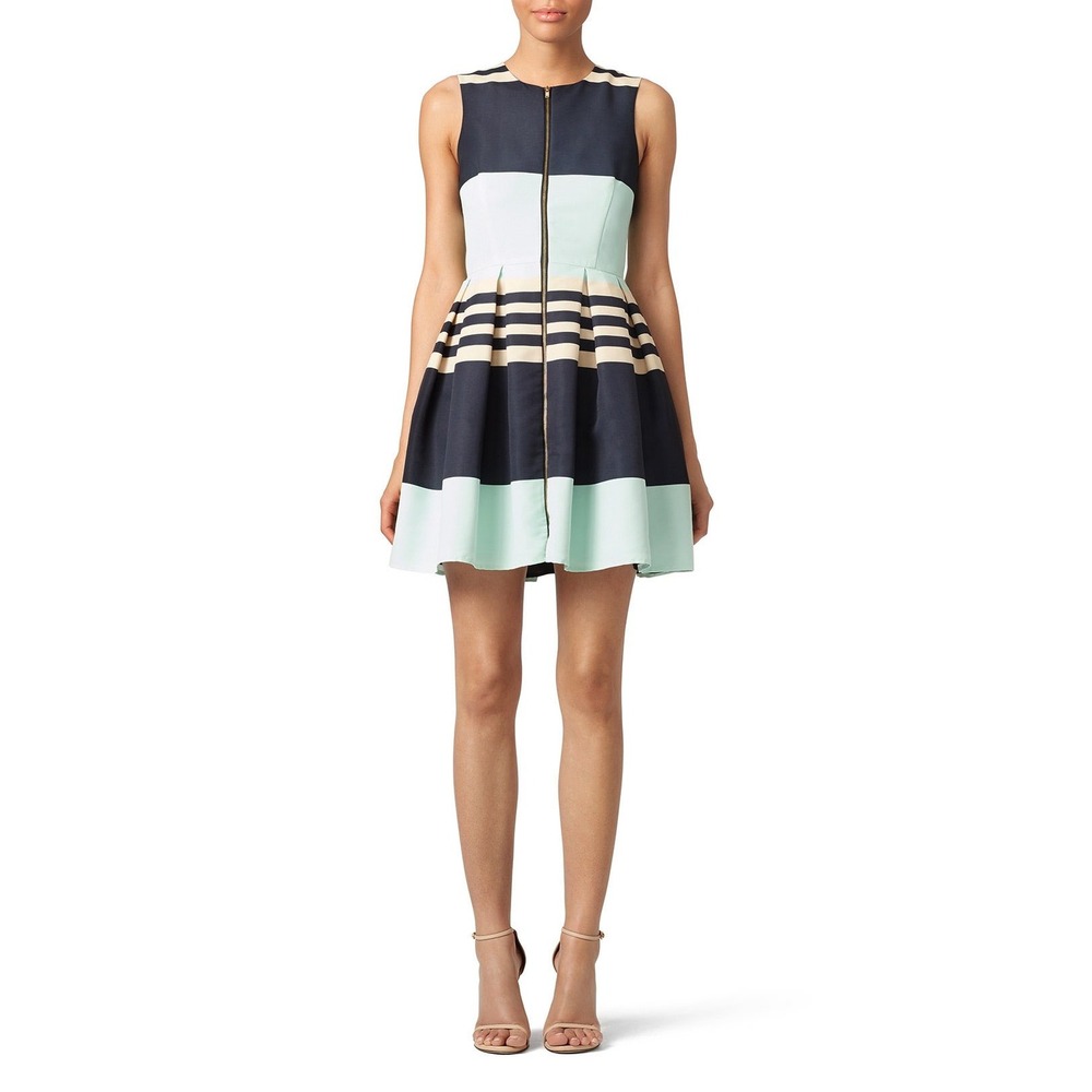 TROUBADOUR Colorblock Pleated Zip Front Fit Flare Dress black‎ Mint Cream Size 2